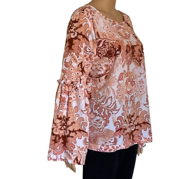 LC Lauren Conrad Blouse White Coral Damask Bow Tie Bell Sleeves Size XL - Picture 3 of 12